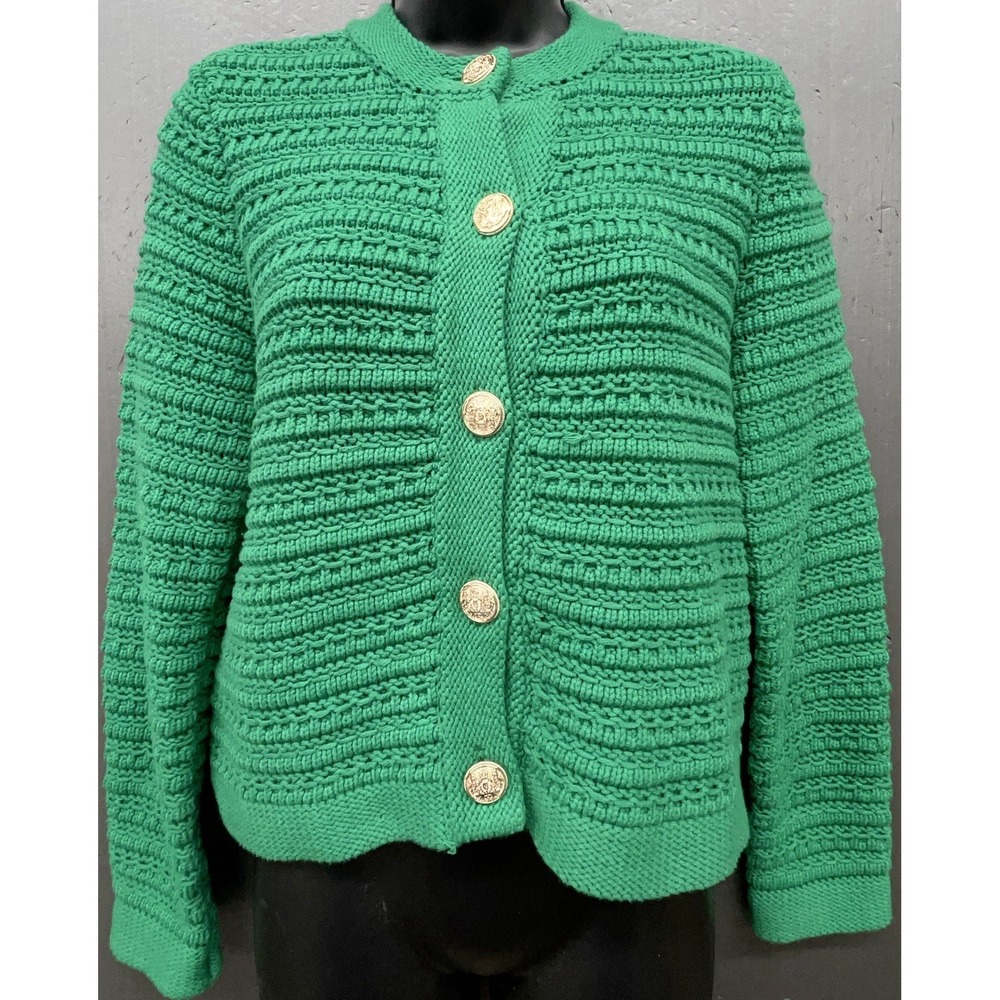 Loft Chunky Knit Sweater SP Kelly Green Cardigan Gold Buttons Preppy‎ Holiday